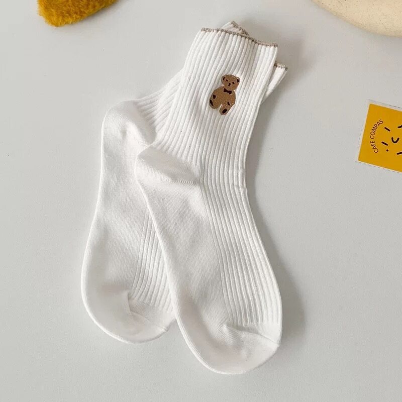 Vớ Cotton Cổ Cao Họa Tiết Kẻ Sọc Màu Trơn In Hình Gấu Hoạt Hình Dễ Thương Thời Trang Mùa Đông Cho Nữ