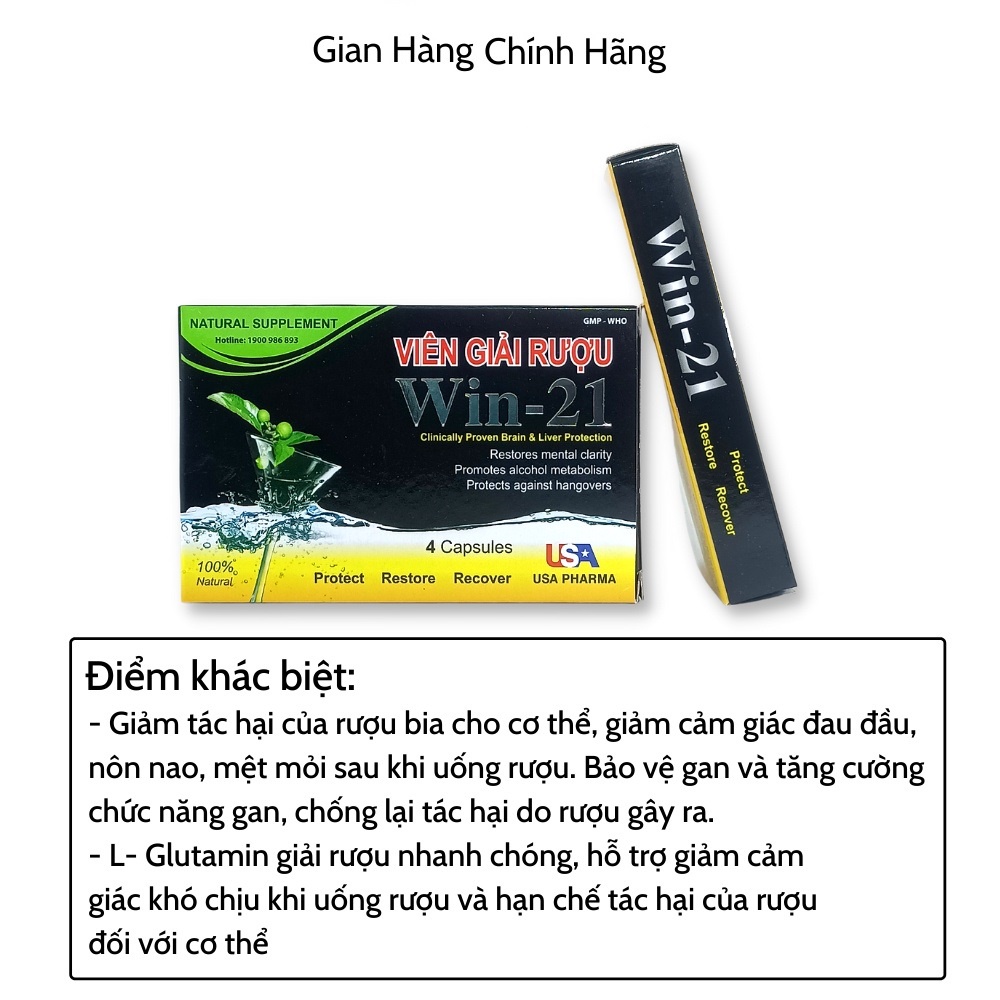 Hộp Viên Giải Rượu Win 21 - Tự Tin Hơn Khi Uống Rượu - Không Đau Đầu Khi Uống Say - 1 Hộp 4 Viên