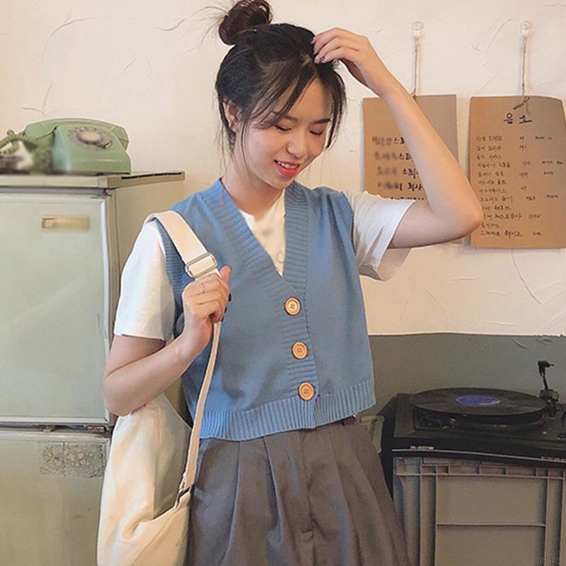 Áo cardigan dệt kim không tay cổ chữ v màu trơn phong cách Hàn Quốc