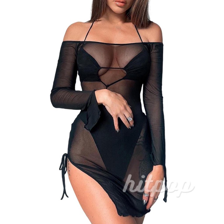 Hitpop-Women’s Casual Long Sleeve Dress Fashion Perspective Mesh Yarn Tie-up Slit Skinny Dress