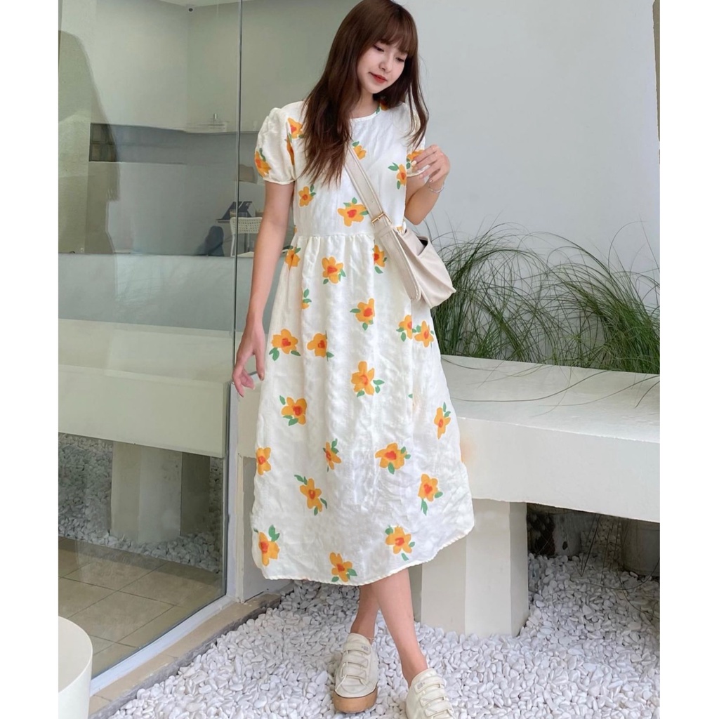 Váy Babydoll hoa cam tay bồng chất nhăn Hàn Quốc - Đầm nữ tay bồng cổ tròn hoa cam nổi bật Kozoda D67