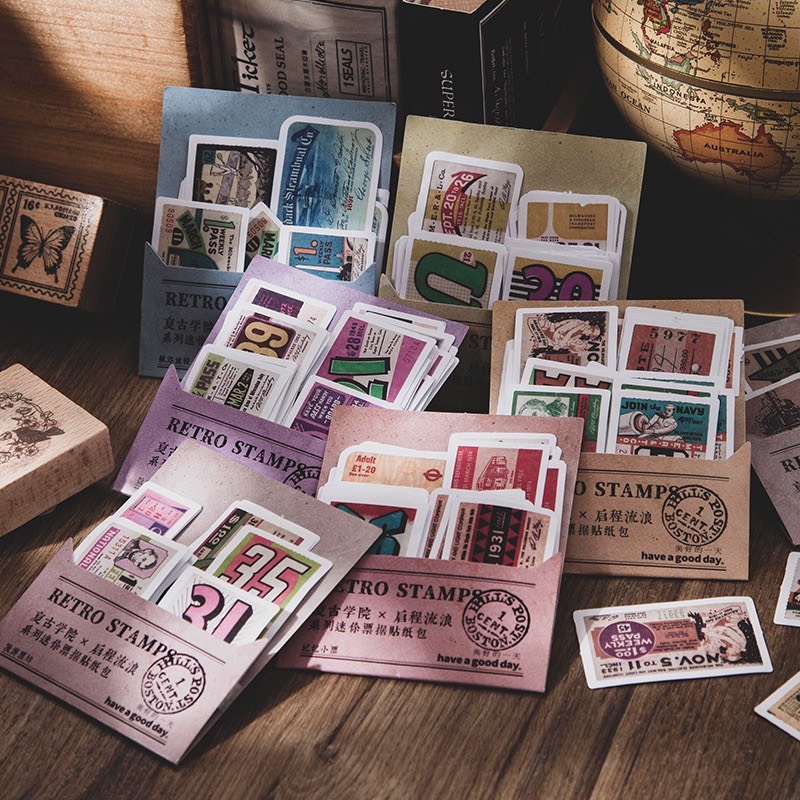 [HD34] Bộ 45 hình dán sticker Tem Dán phong cách Retro trang trí sổ tay DIY