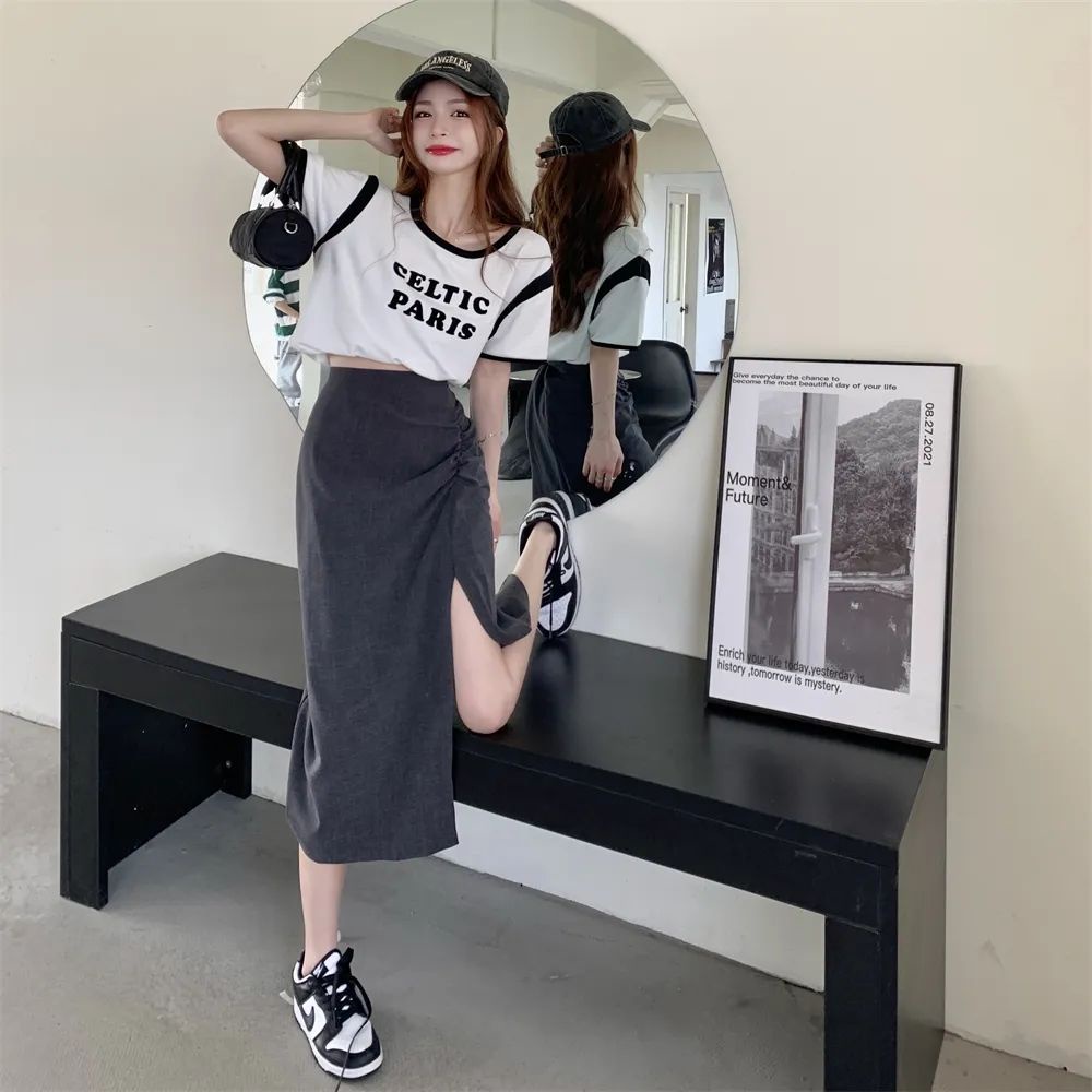 COZOK Set Áo Thun Ngắn Tay Và Chân Váy Xẻ Tà Thời Trang Dành Cho Nữ