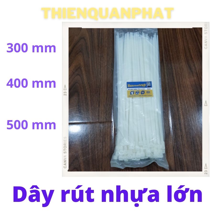 Dây rút nhựa màu trắng loại lớn - dày kích thước 300 mm, 400mm, 500 mm với nút gài có thể tháo dễ dàng tái sử dụng