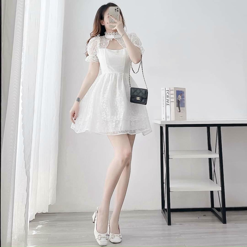 Đầm Xòe Thiết Kế Khoét Ngực Dáng Ngắn Họa Tiết Hoa Nổi Phong Cách Tiểu Thư Màu Trắng, Đen | ROSE CLOTHING D0633