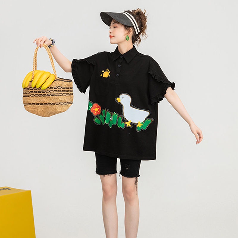 Áo polo Màu Đen Tay Ngắn Ống Loe Bằng cotton In Họa Tiết Hoạt Hình