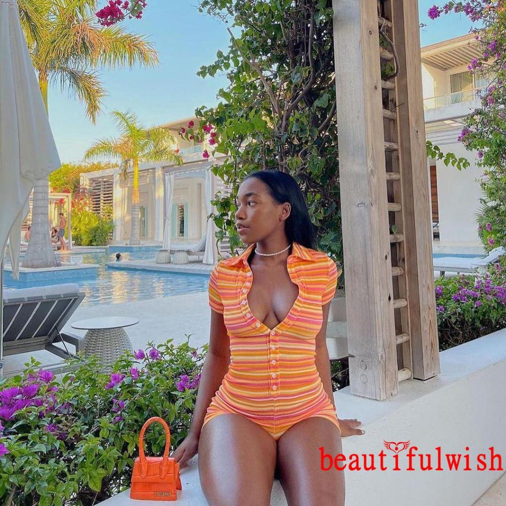 ☎Ru✲Jumpsuit Tay Ngắn Hoạ Tiết Kẻ Sọc Phối Nút Thiết Kế Thanh Lịch | BigBuy360 - bigbuy360.vn