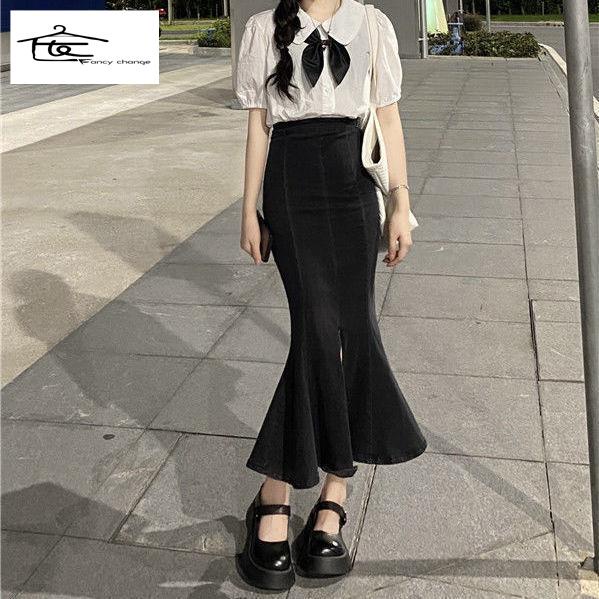 Chân Váy Denim Đuôi Cá Lưng Cao Dáng Chữ a Xẻ Tà Phong Cách Retro 150 Mẫu Mới Cho Nữ xs