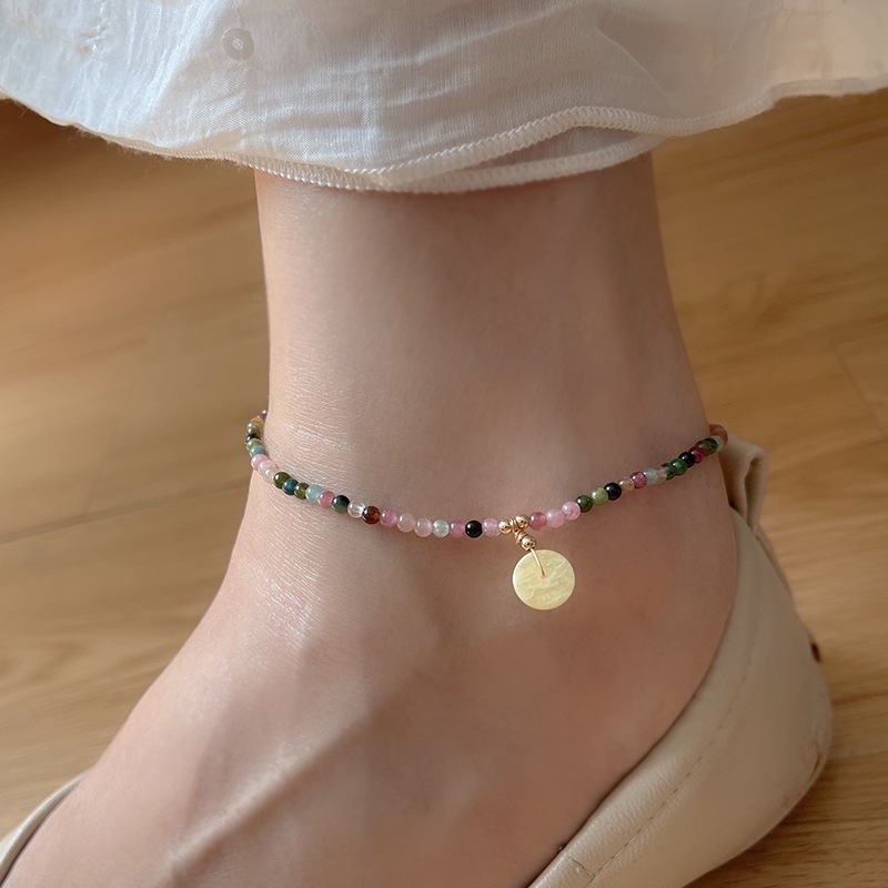 Lắc Chân Hạt Đá Tourmaline Nhỏ Nhắn Tươi Mới Với Hạt Sáp Ong Nhỏ Hoặc Phụ Kiện Hòa Bình