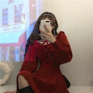 Váy len đỏ trễ vai phong cách hàn quốc , chất liệu len mềm