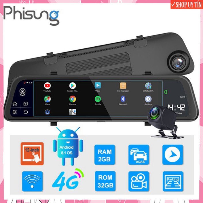 Camera hành trình gương ô tô cao cấp Phisung Z68 -Màn hình 12 inch, 4G, Wifi, GPS,... - Hàng Nhập Khẩu Bảo Hành 12 Tháng