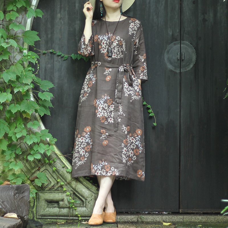 Đầm Hoa Dáng Suông Tay Lửng Cổ Điển Cho Nữ, Đầm Linen Túi Hông Kèm Dây Thắt Eo Da181