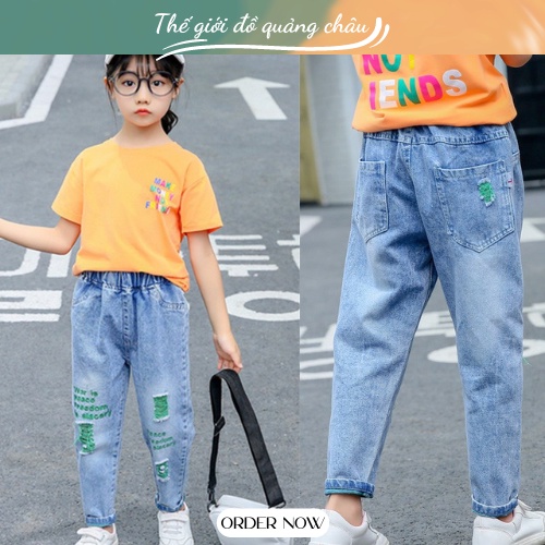 Quần Bò Cho Bé, Vải Bò Cạp Chun Co Giãn, Wash Rách - Hàng Quảng Châu Cao Cấp (QB27)