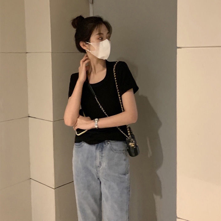 Áo Thun Tay Ngắn Cổ Chữ U Màu Trơn Phong Cách Thời Trang Hàn Quốc Mới 2022