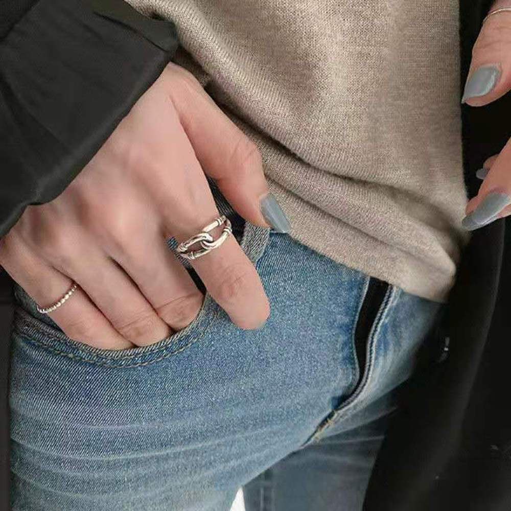 Set 3 nhẫn kim loại mạ bạc thiết kế hình học phong cách Vintage