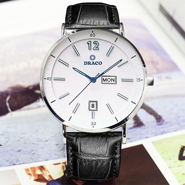 Đồng hồ nam Draco D21-ST01” The First boy” TRẮNG DÂY DA ĐEN - thời trang nam