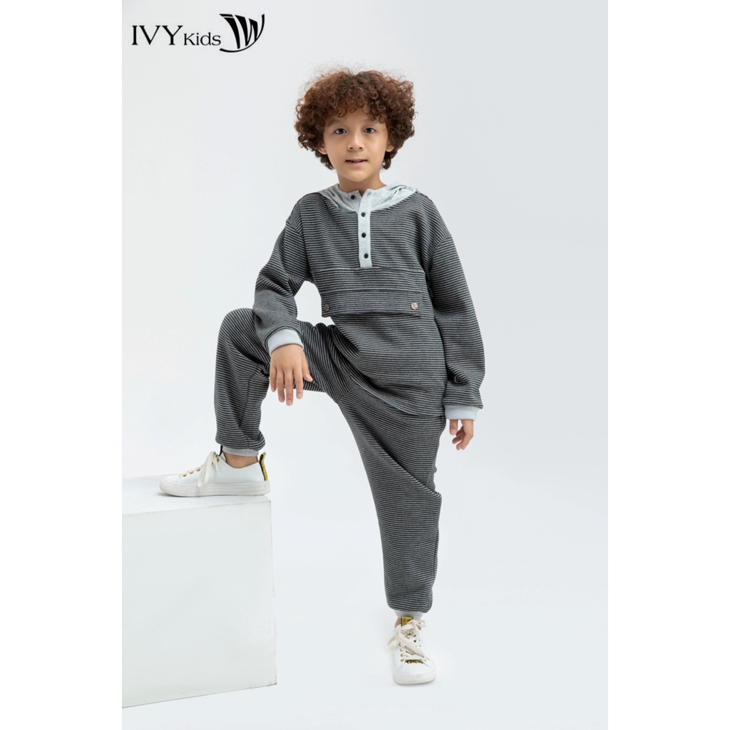 Áo thun kẻ cổ mũ bé trai IVY moda MS 58K1128