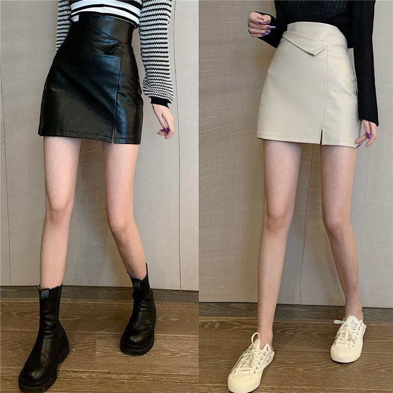 Korean style fashion high waist A-line skirt Small skirt Sexy leather skirt