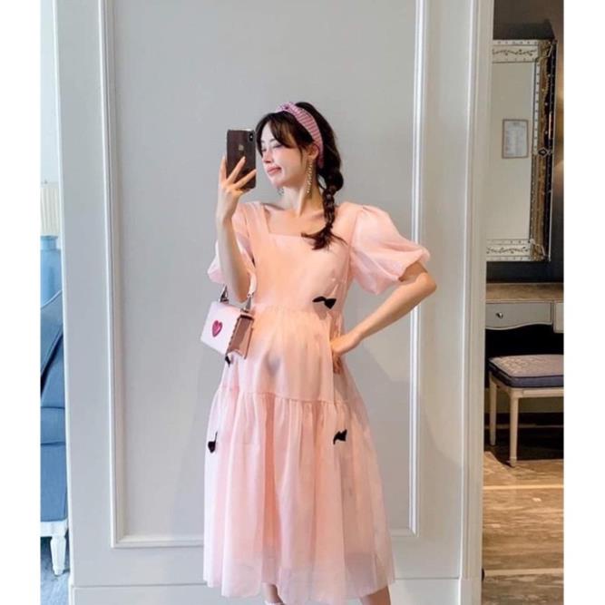 Đầm bầu tiểu thơ xinh xắn- Váy bầu babydoll dáng dài cổ vuông siêu xinh