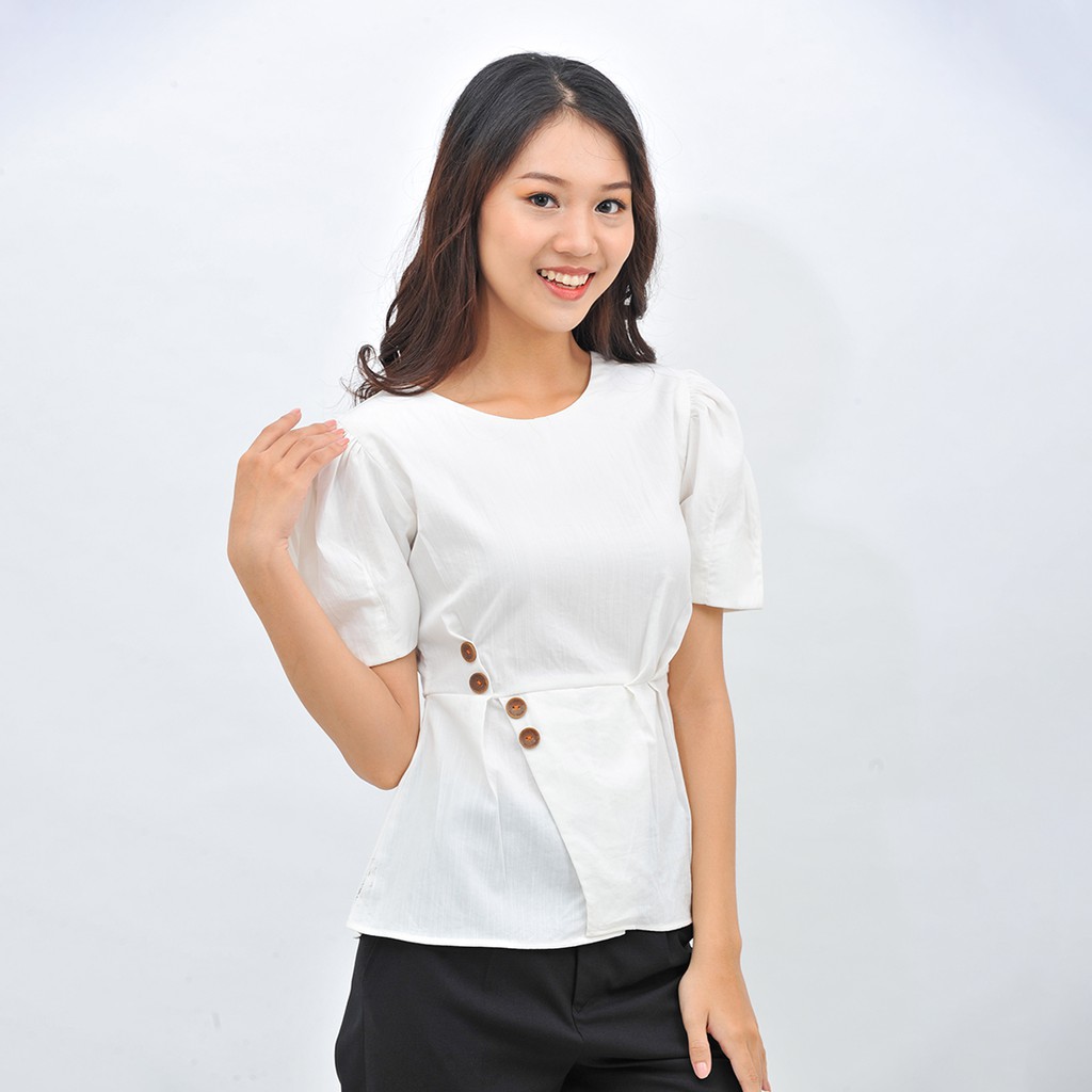 Áo nữ kiểu sơ mi công sở thiết kế thời trang Eden tay ngắn cổ tròn xếp li eo freesize chất vải thoáng mát - ASM098