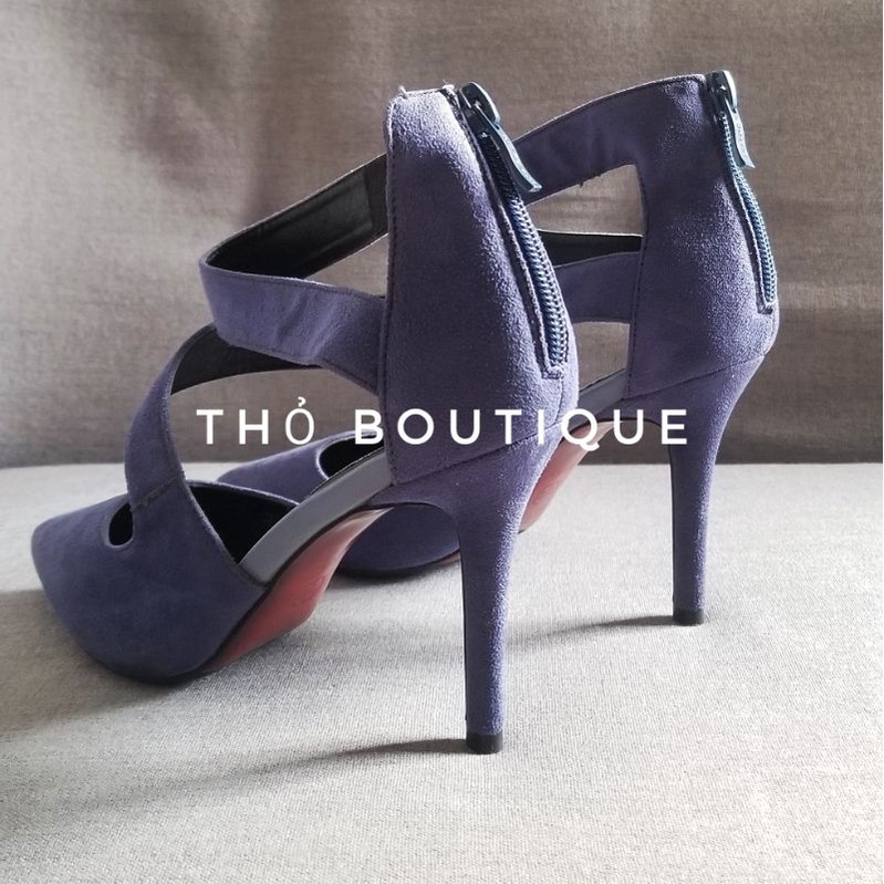Giày cao gót GDFENDU chính hãng da lộn tím việt quất quai chéo cách điệu 9cm size 35 36 37