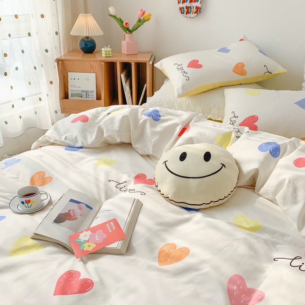 Bộ chăn ga và vỏ gối Cotton Poly Minh Nhật trái tim ngũ sắc cho nàng thơ - Hàng nhập khẩu cao cấp