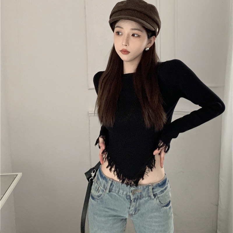 Áo Sweater Tay Dài Cổ Tròn Phối Tua Rua Thời Trang Mùa Thu Cho Nữ