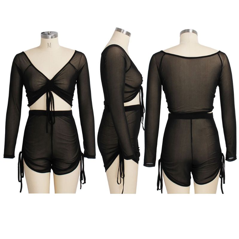 Set Đồ 2 Món Áo Tay Dài Cổ Chữ V Khoét Sâu Phối Quần Short Thời Trang Quyến Rũ Cho Nữ