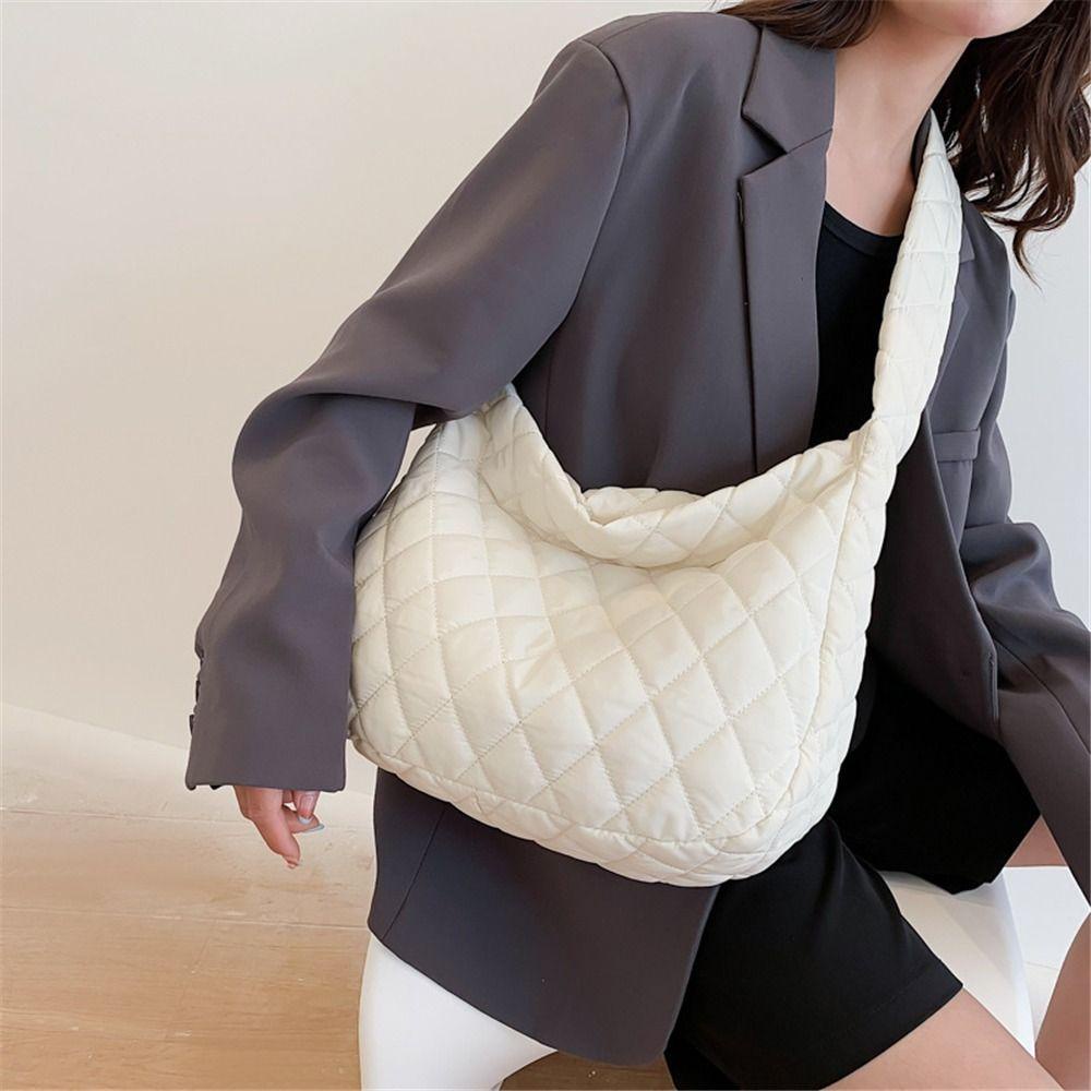 UPSTOPVN Women Large Capacity Quilted Tote Bag Winter Warm Lightweight Down Cotton Padded Plaid Shoulder Bags