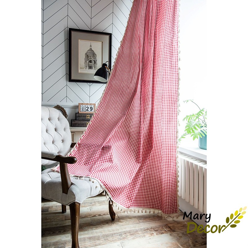 Rèm cửa đẹp vải bố linen trang trí nhà cửa giá tốt - họa tiết Caro đỏ R-A03