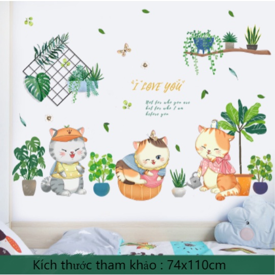 Decal trang trí tường - Những chậu cây xanh và 3 chú mèo