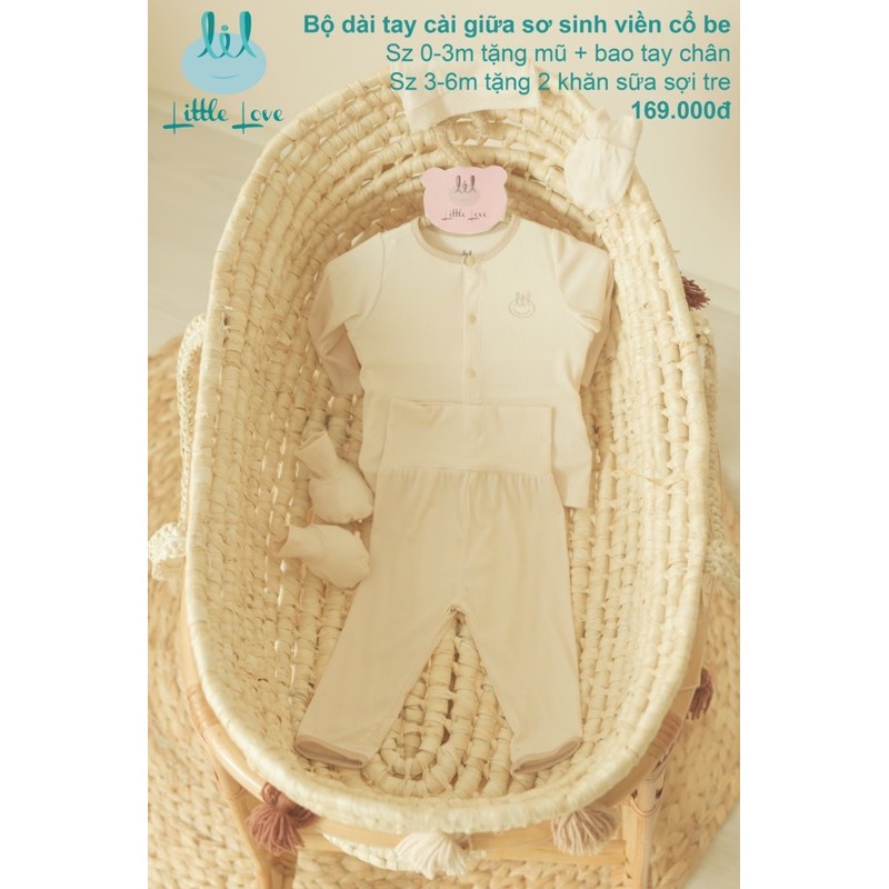 LIL-Bộ dài tay sơ sinh bamboo (size 3-6M tặng 2 khăn sữa bamboo sợi tre)