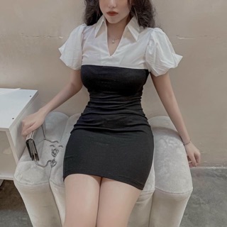 Đầm body cổ sơmi tay phồng