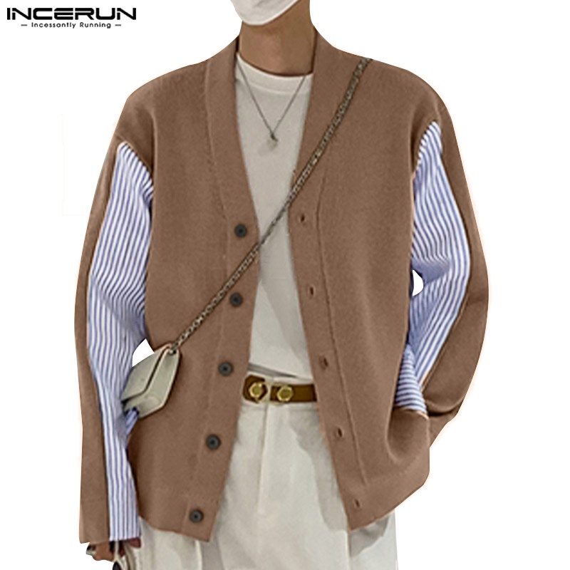 Áo kimono INCERUN dài tay cổ chữ v phối nút họa tiết kẻ sọc cho nam