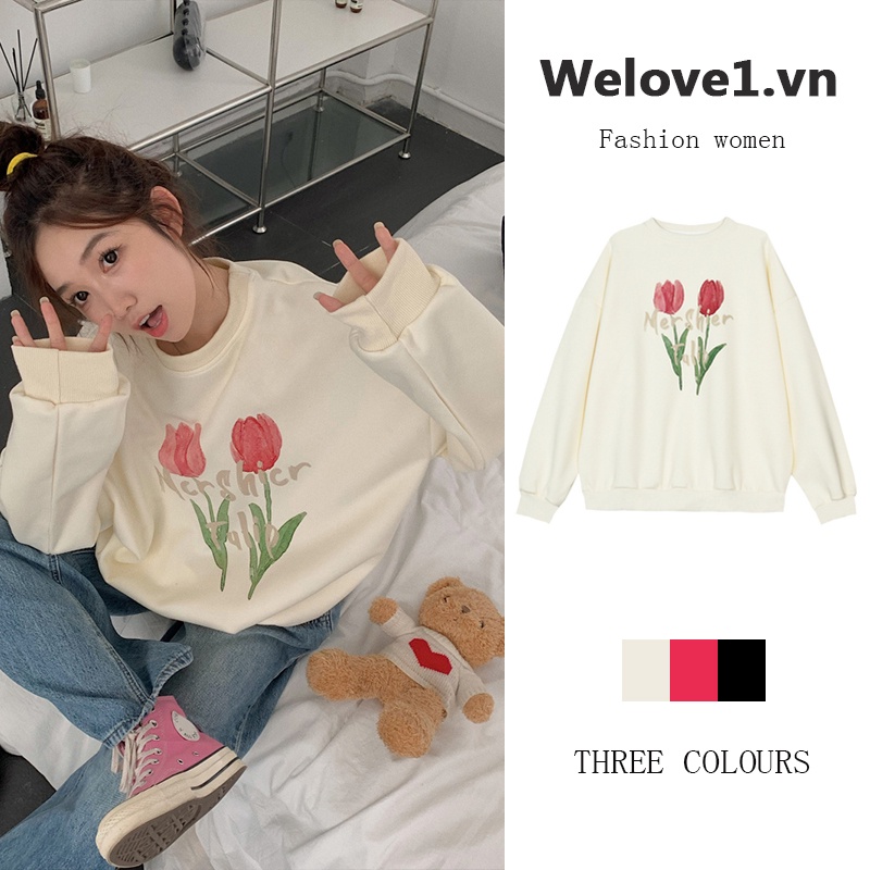 QOEDDV Áo sweater tay dài cổ tròn dáng rộng họa tiết đáng yêu phong cách Hàn Quốc dành cho nữ