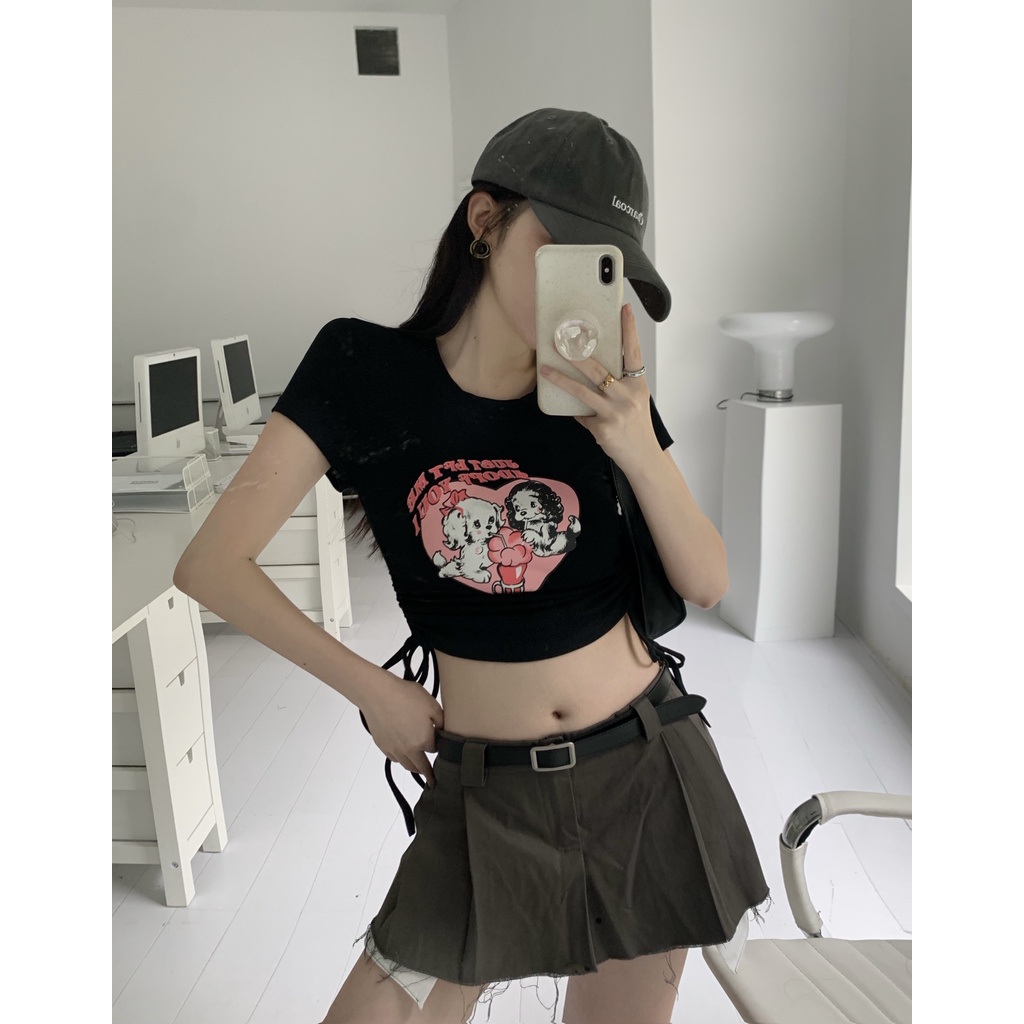 Áo Thun Croptop Cột Dây Dáng Ôm In Hoạt Hình Thời Trang Quyến Rũ Cho Nữ