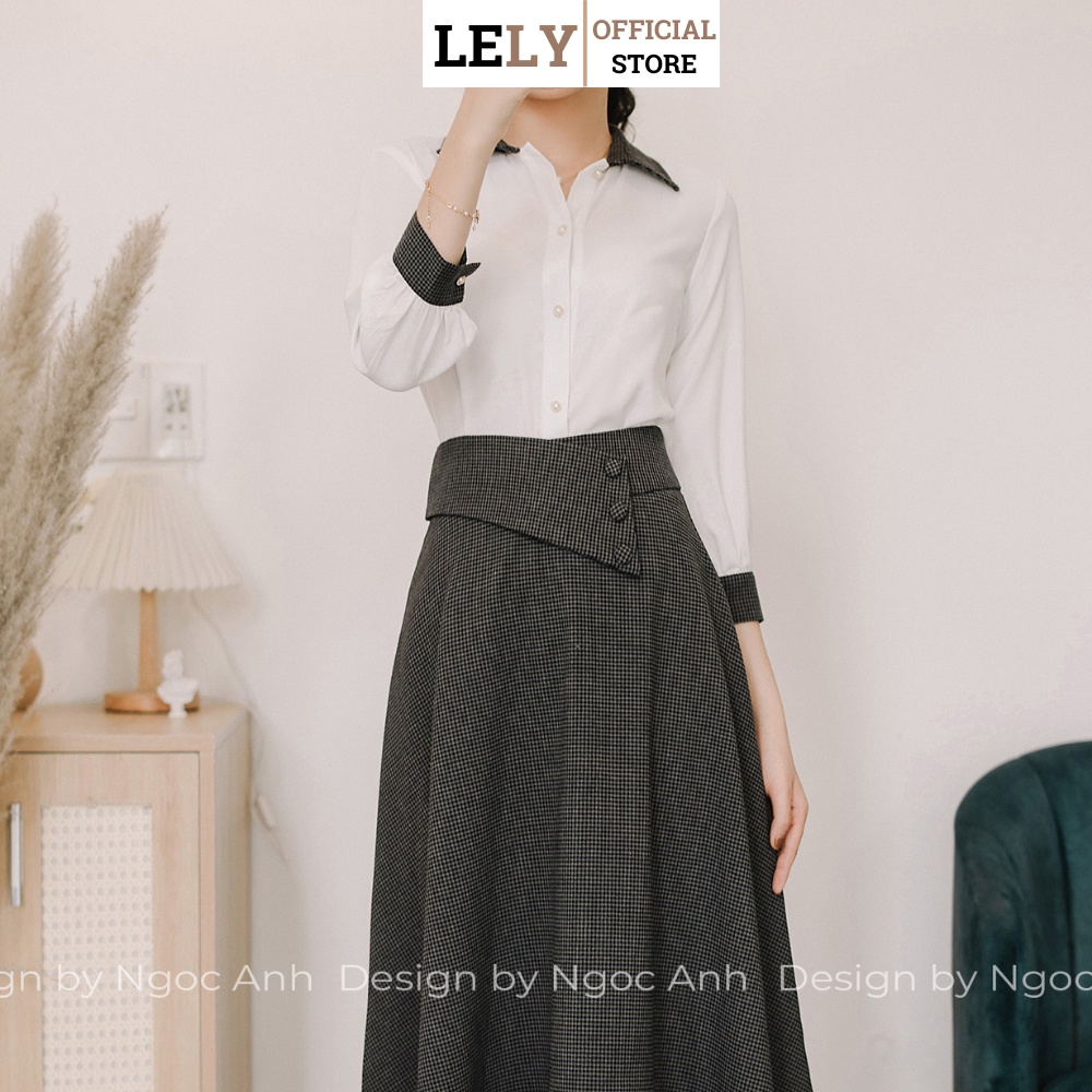 Chân Váy Công Sở Dáng Dài Chân Váy Xòe Nhẹ Trẻ Trung Lely Fashion caro vạt 3 cúc lệch CV027