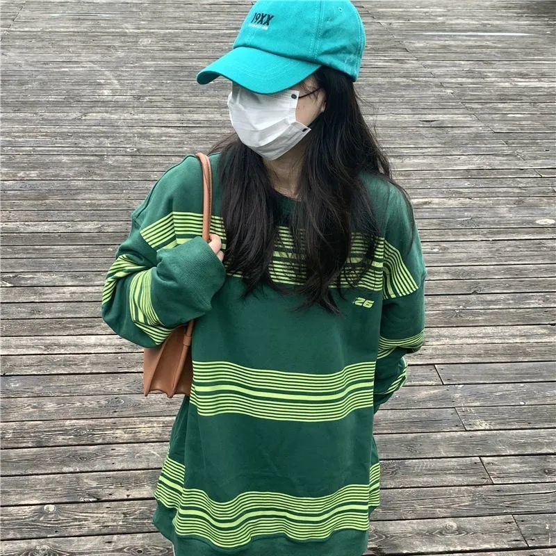 Áo Hoodie Tay Dài Cổ Tròn Form Rộng Họa Tiết Kẻ Sọc Phong Cách Hip Hop Mới Cho Cặp Đôi