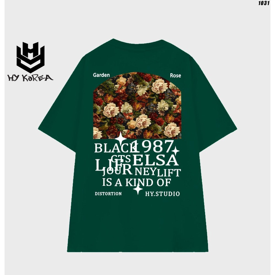 Áo Thun Tay Lỡ Nam nữ Cotton 100 Form Rộng HY KOREA Hoa BlackELSA 1031.