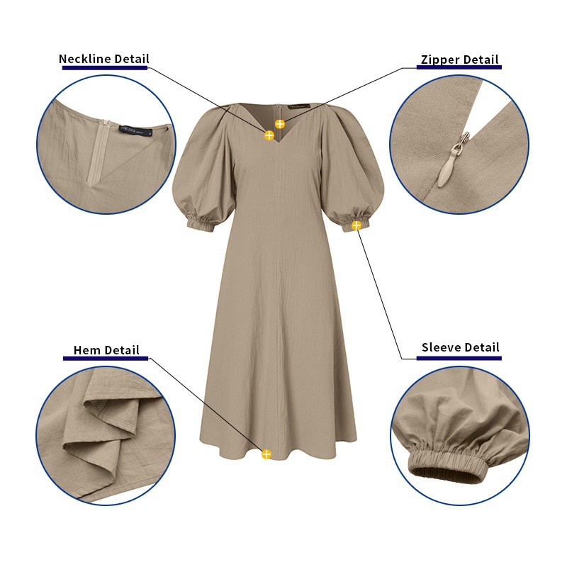 Đầm dài ZANZEA từ cotton kiểu dáng chữ A cổ chữ V tay phồng thời trang đường phố màu trơn cho nữ