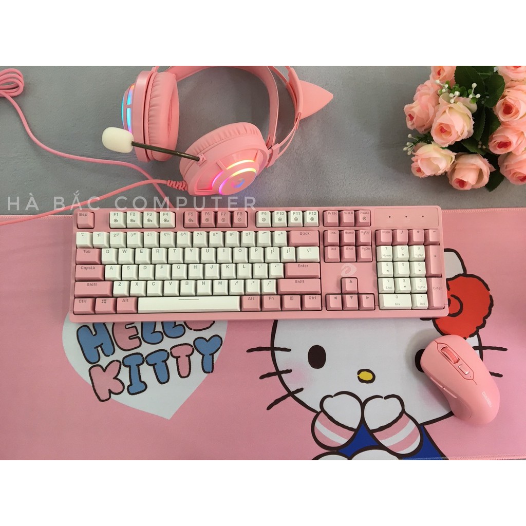 Combo Bàn Phím EK1280 - Chuột LM115G - Tai Nghe EH469 - Lót Di Màu Hồng HELLO KITTY - HÀNG CHÍNH HÃNG