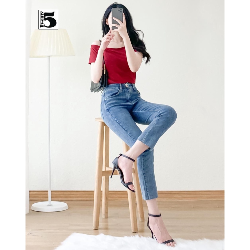 Áo thun trễ vai nữ tay ngắn dáng ôm vải cotton gân co dãn Twentyfive NN414
