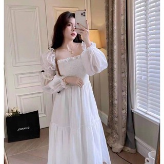 Đầm midi maxi voan trắng nhún ngực bẹt vai tay phồng
