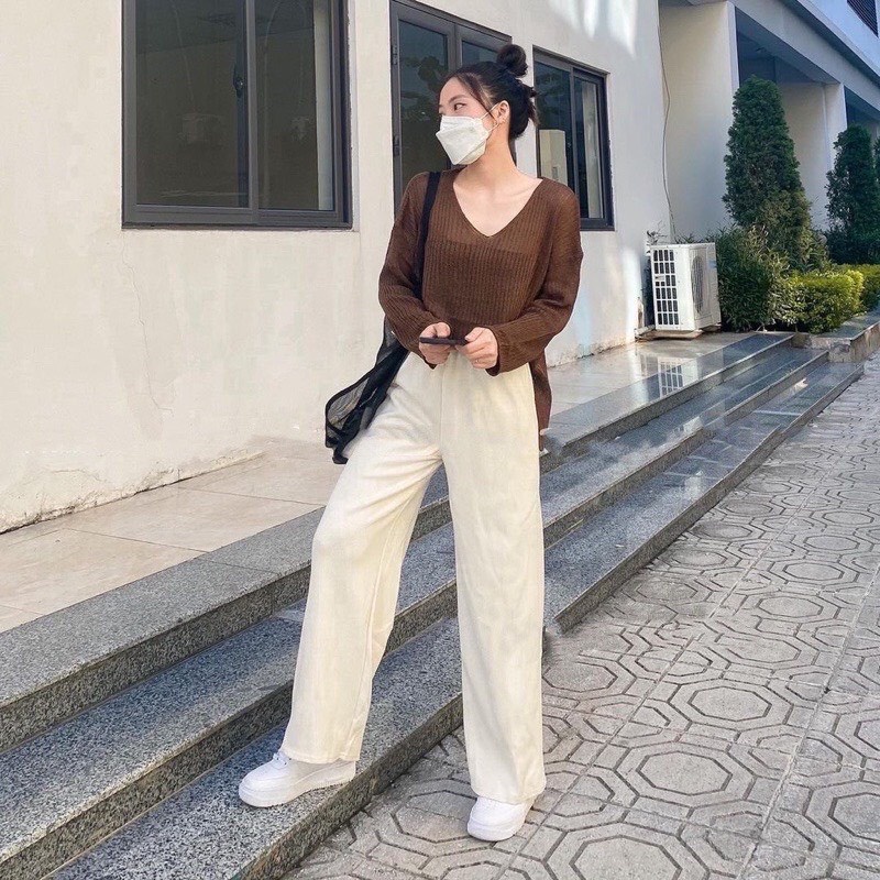 Quần dài nữ len tăm dáng suông - Culottes ống rộng cạp chun vintage màu ĐEN | TRẮNG phong cách ulzzang