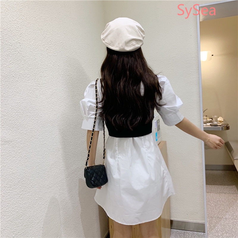 Women Retro Puff Sleeve Shirt + Sling Bow Tie Bandage Short Sleeve Shirt Dress