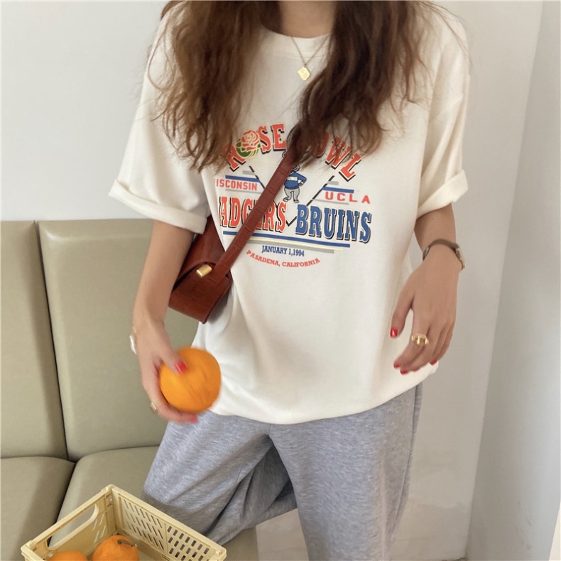 Áo thun nữ tay ngắn cổ tròn in chữ thời trang mùa hè phong cách Hàn Quốc