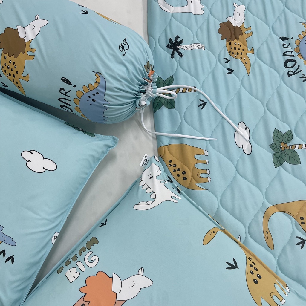 Bộ ga chống thấm cho bé cao cấp kèm vỏ gối, drap chống thấm chính hãng PT chất liệu lụa Organic (mẫu khủng long xanh)
