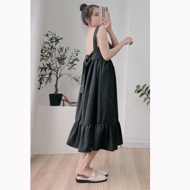 Đầm maxi dài hở lưng đi biển hot trend, Váy 2 dây bản to dáng dài màu trắng, đen đi biển đẹp Maitrangshop92 (TTA98)