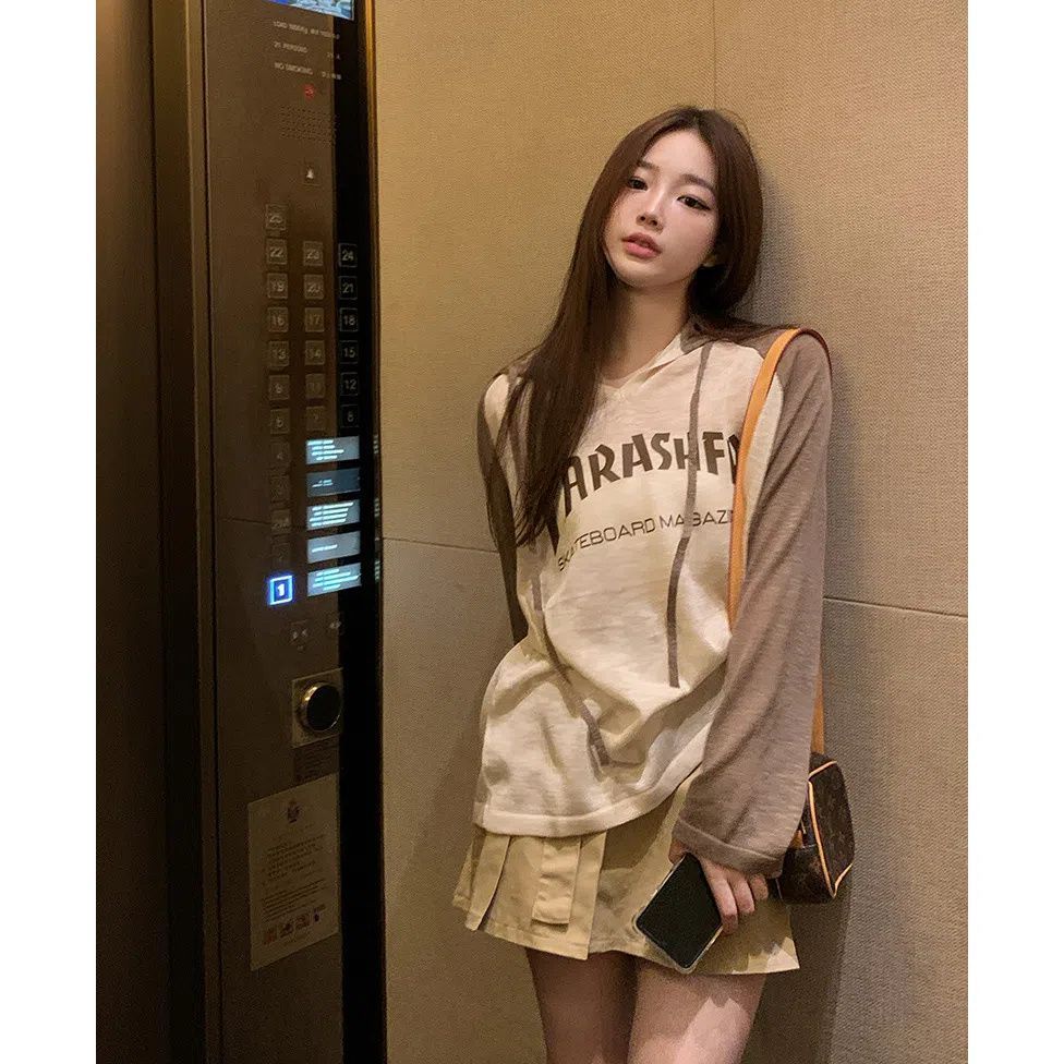 Jiashucheng Áo Thun Raglan Mỏng Tay Dài Dáng Rộng Có Mũ Trùm Phối Dây Rút Phong Cách Mới Cho Nữ
