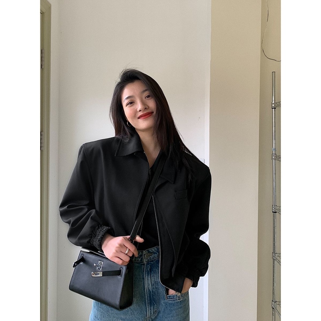 ✖Ruobi Áo Khoác Dáng Rộng Màu Đen Giả Hai Lớp Phong Cách Retro Mùa Xuân Dễ Phối Đồ Dành Cho Nam Nữ